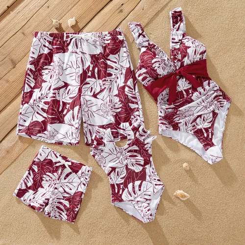 Family Matching Floral Drawstring Swim Trunks or One-Piece Belted Strap Swimsuit