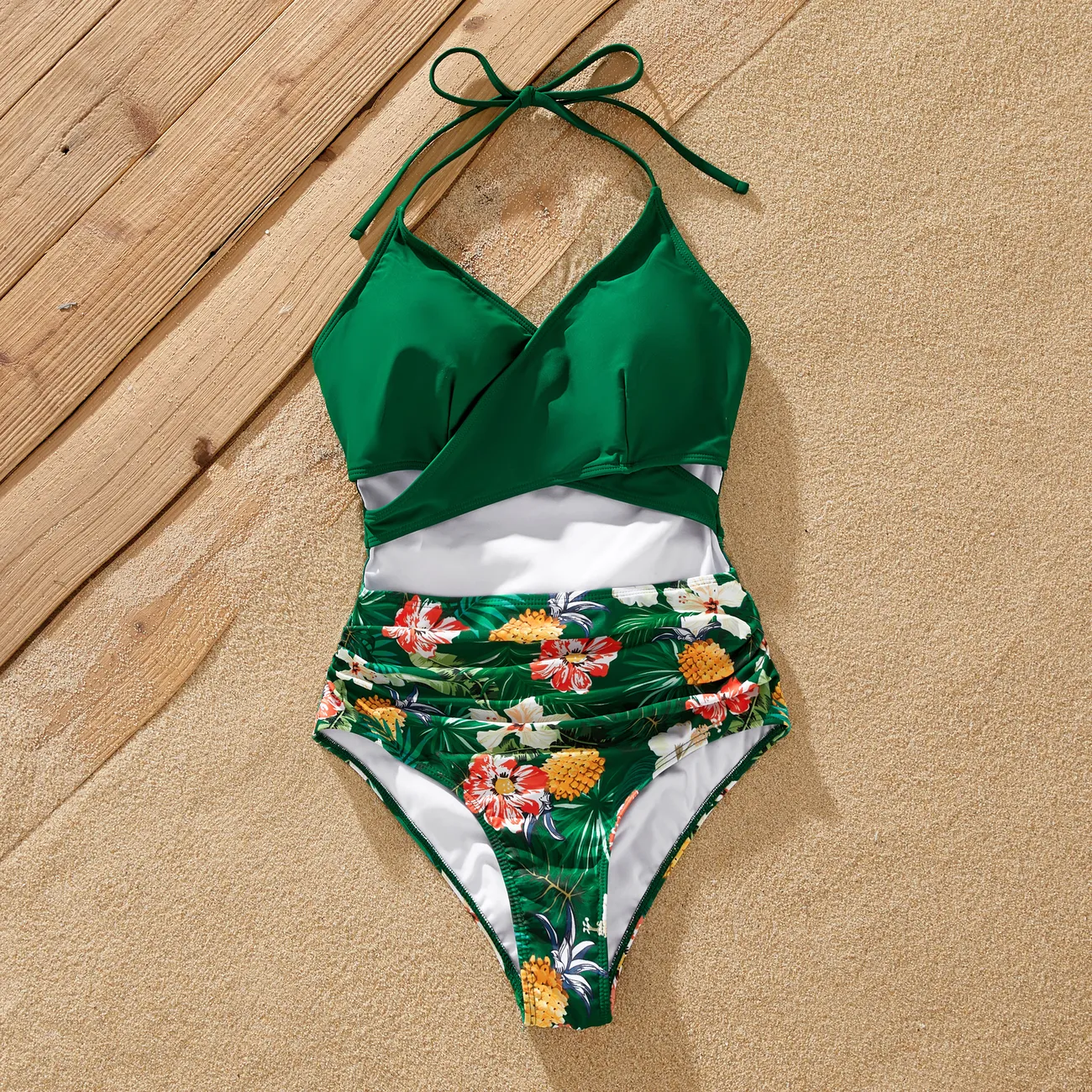 Family Matching Floral Drawstring Swim Trunks or Pineapple Pattern Halter One-Piece Swimsuit  SpringGreen big image 1