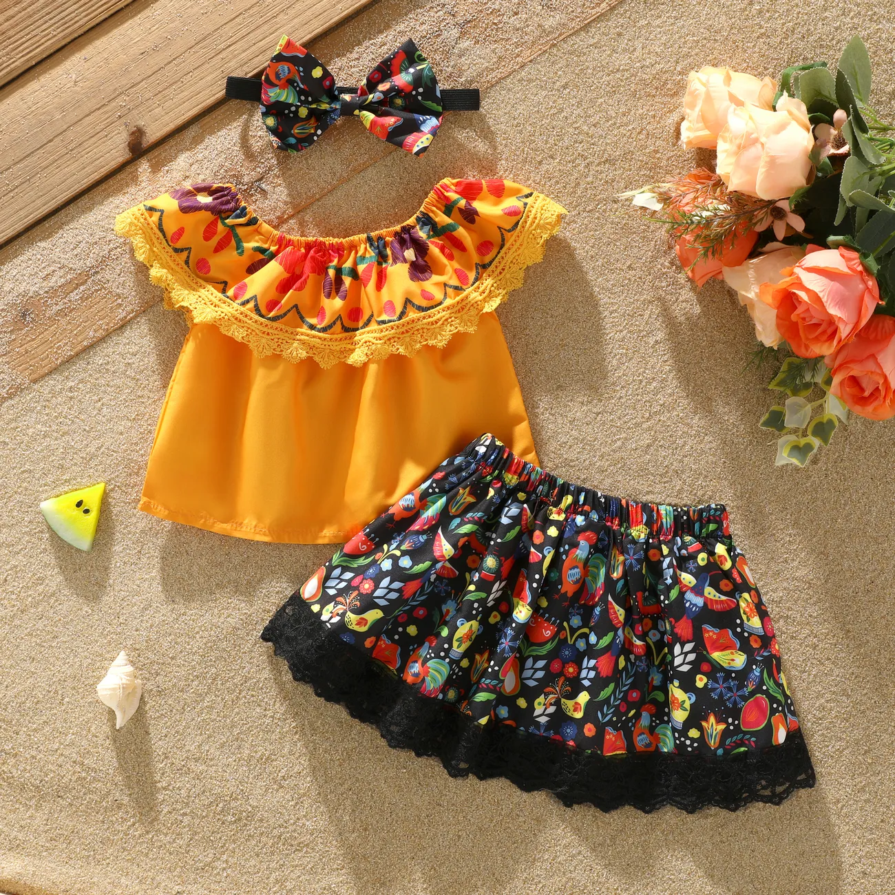 Baby GirlCute Yellow Plant and Floral Sweet Lace Top and Dresses Set  Yellow big image 1