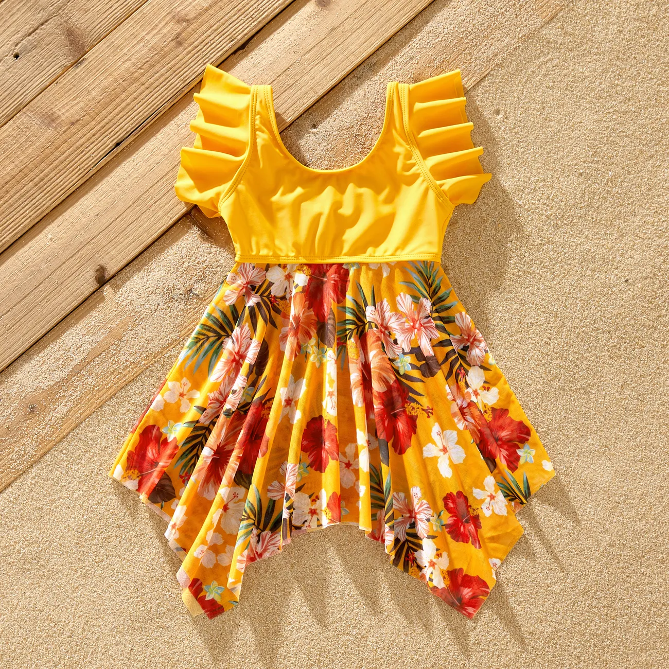 Family Matching Floral Drawstring Swim Trunks or Flowy Spliced Mesh Swim Dress with Triangle Swim Bottom Yellow big image 1