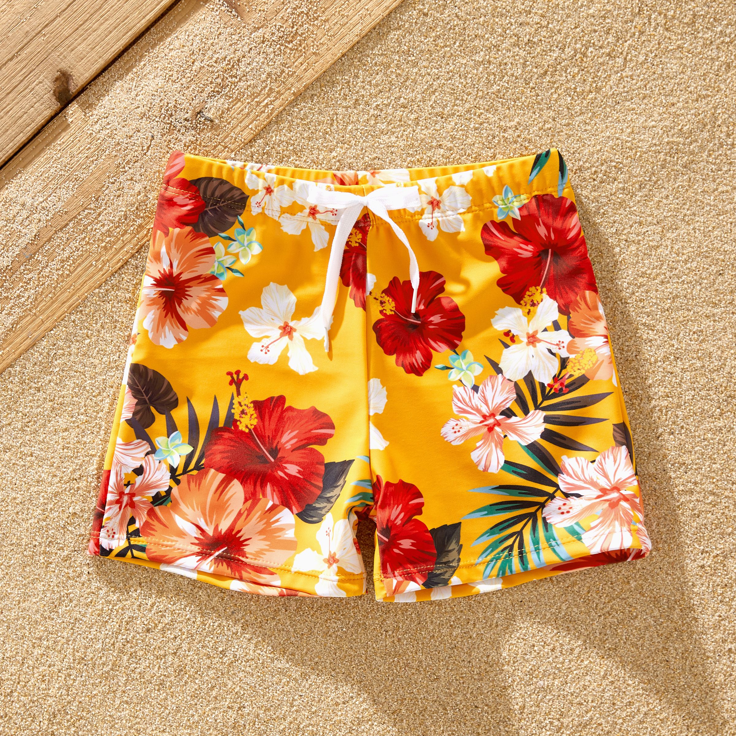 Family Matching Floral Drawstring Swim Trunks or Flowy Spliced Mesh 