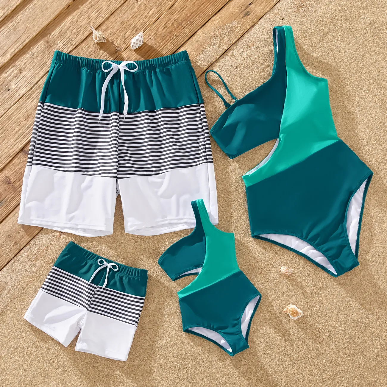 Family Matching Colorblock One Shoulder Cut Out One-piece Swimsuit and Striped Spliced Swim Trunks Shorts DeepTurquoise big image 1