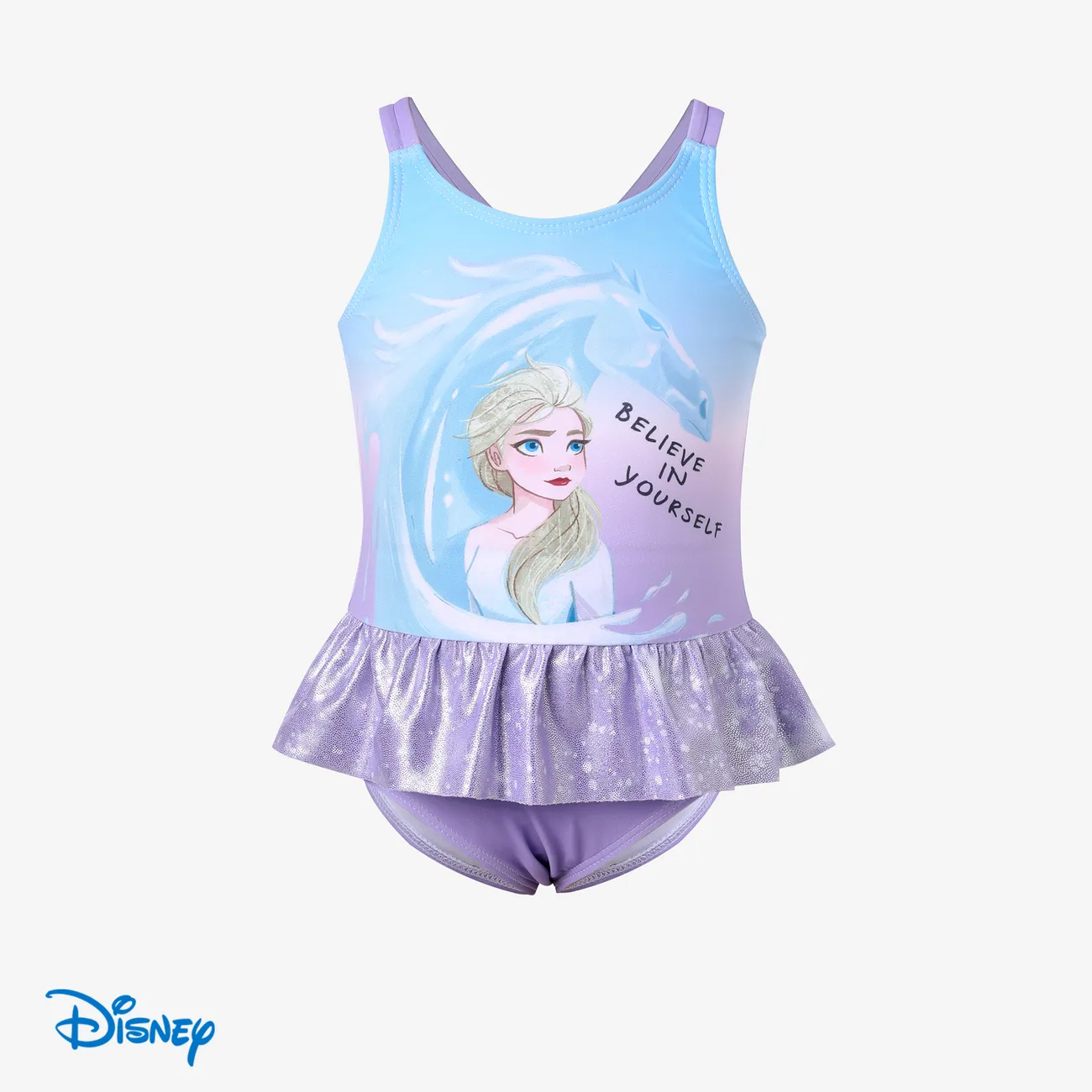 Disney Frozen Elsa 1pc Toddler Girl Character Full Body Gradient Smudge Pattern Glossy Material Ruffle Swimsuit Purple big image 1