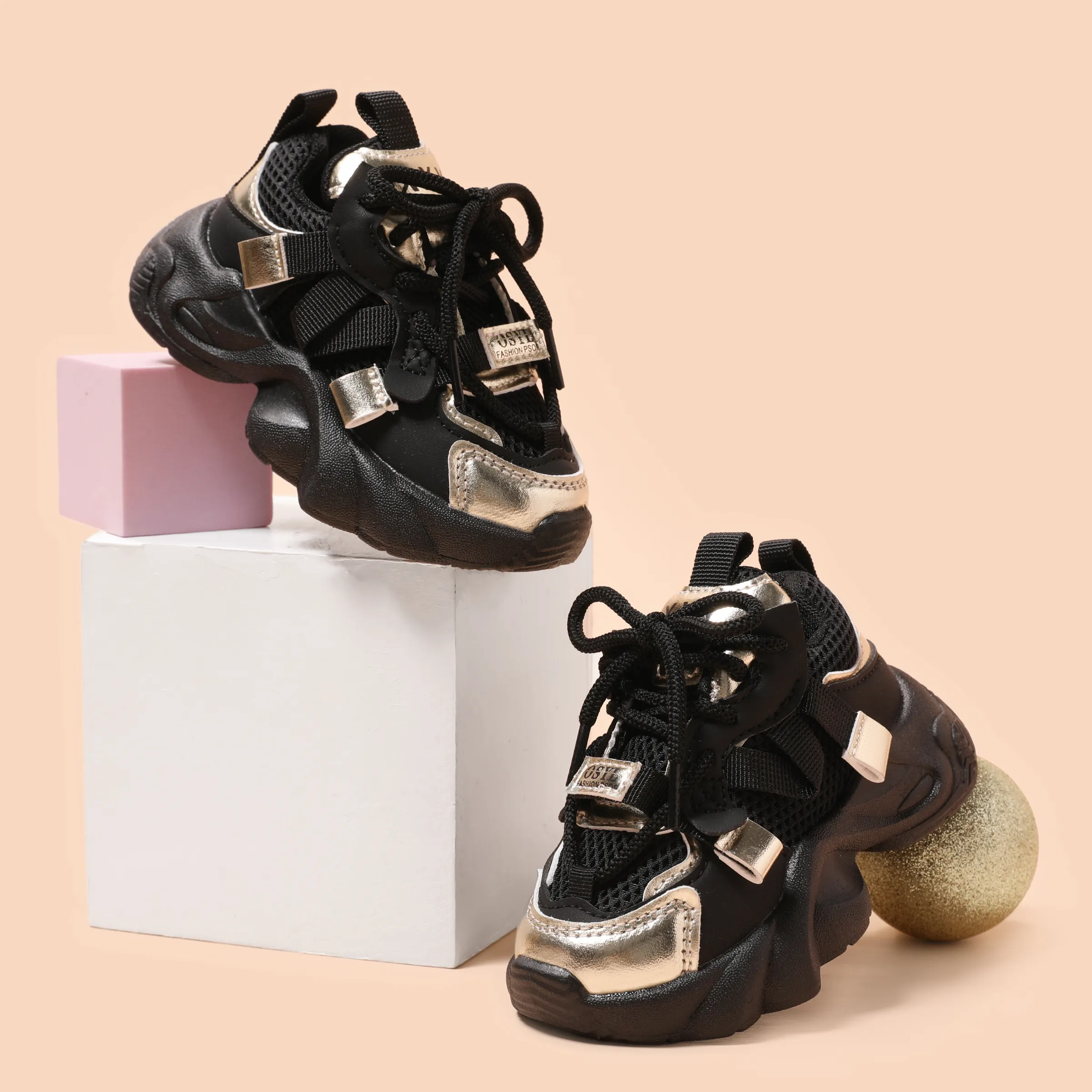 Toddler/Kids Sneakers Sporty Fabric Stitched Basketball Shoes Black