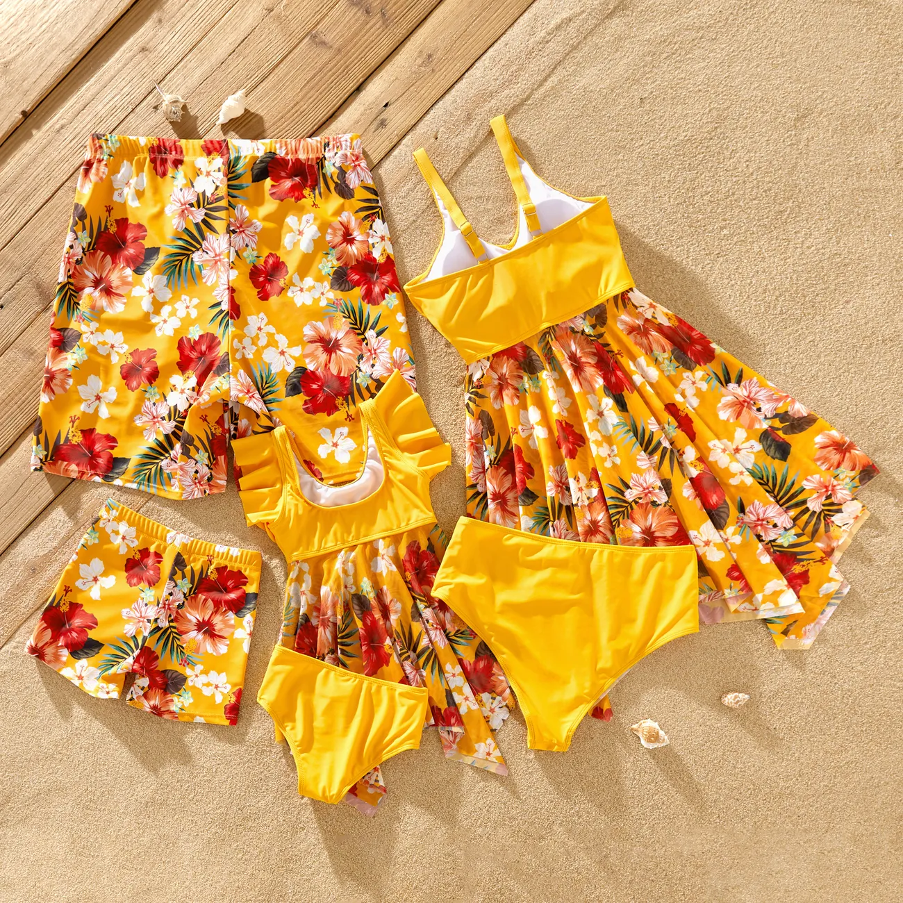 Family Matching Floral Drawstring Swim Trunks or Flowy Spliced Mesh Swim Dress with Triangle Swim Bottom Yellow big image 1