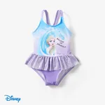 Disney Frozen Elsa 1pc Toddler Girl Character Full Body Gradient Smudge Pattern Glossy Material Ruffle Swimsuit Purple
