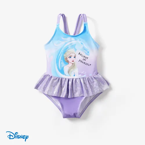 Disney Frozen Elsa 1pc Toddler Girl Character Full Body Gradient Smudge Pattern Glossy Material Ruffle Swimsuit
