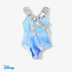 Disney Frozen Elsa 1pc Toddler Girl Character Full Body Gradient Smudge Pattern Glossy Material Ruffle Swimsuit Blue