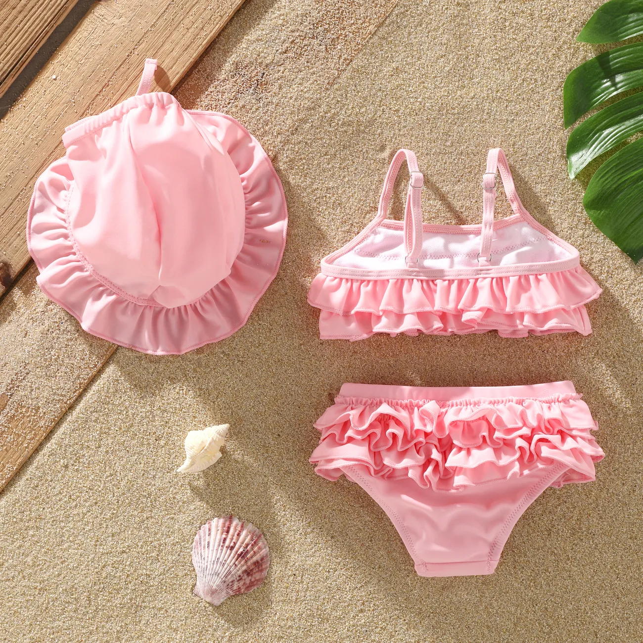  3pcs Baby Girl Sweet Ruffle Edge Swimsuit Set Pink big image 1