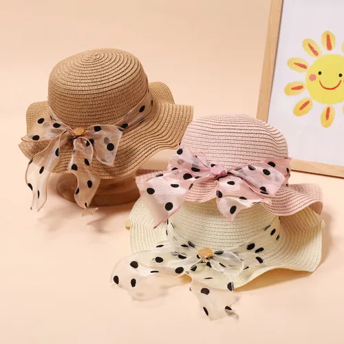 قبعة صيفية من القش للفتيات مع شريط منقط للحماية من الشاطئ وأشعة الشمس، للأعمار من 2 إلى 5 سنوات