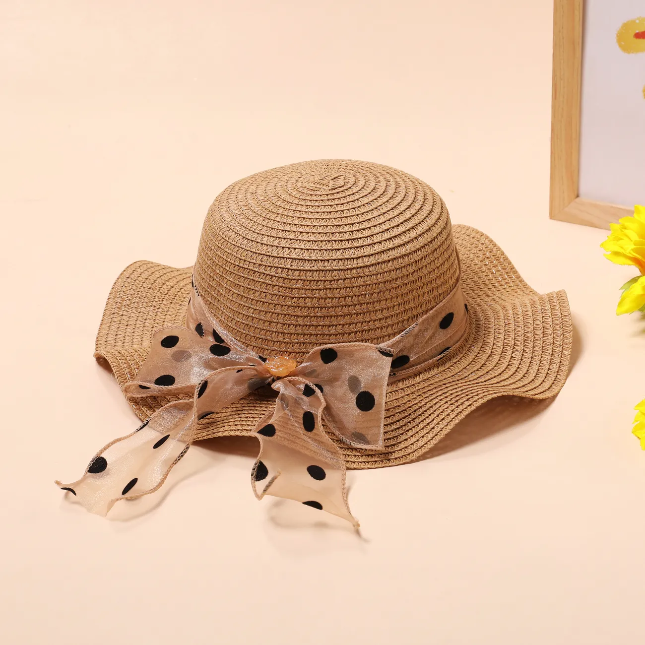 Summer Girls' Straw Hat with Polka Dot Ribbon for Beach and Sun Protection, Ages 2-5 Khaki big image 1