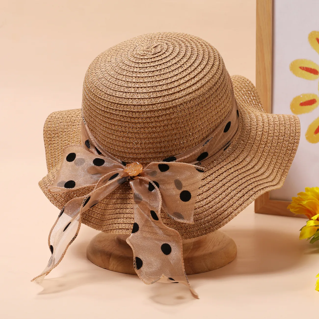 Sommerlicher Mädchen-Strohhut mit gepunktetem Band für Strand- und Sonnenschutz, 2-5 Jahre khaki big image 1