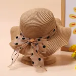 Summer Girls' Straw Hat with Polka Dot Ribbon for Beach and Sun Protection, Ages 2-5 Khaki