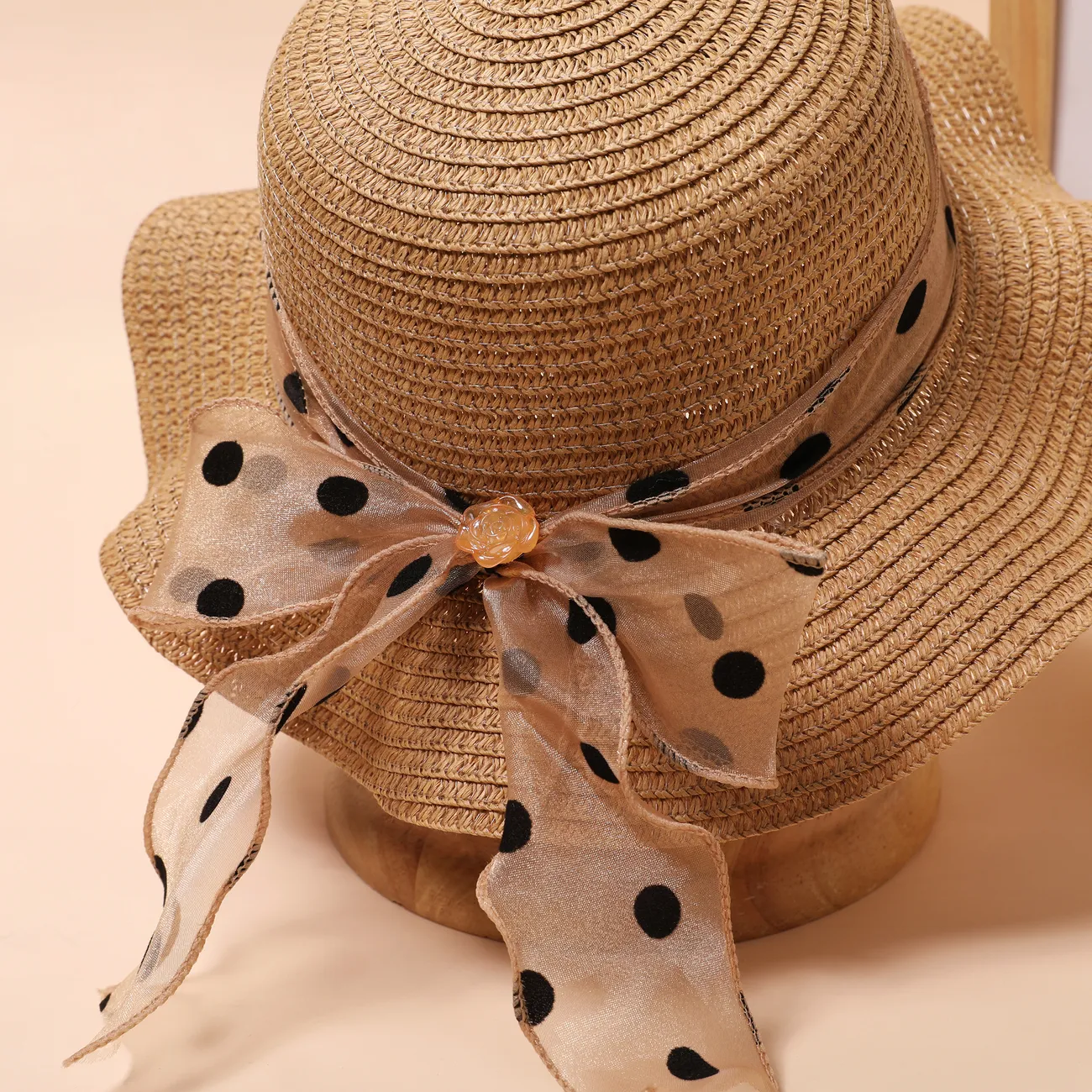 Summer Girls' Straw Hat with Polka Dot Ribbon for Beach and Sun Protection, Ages 2-5 Khaki big image 1