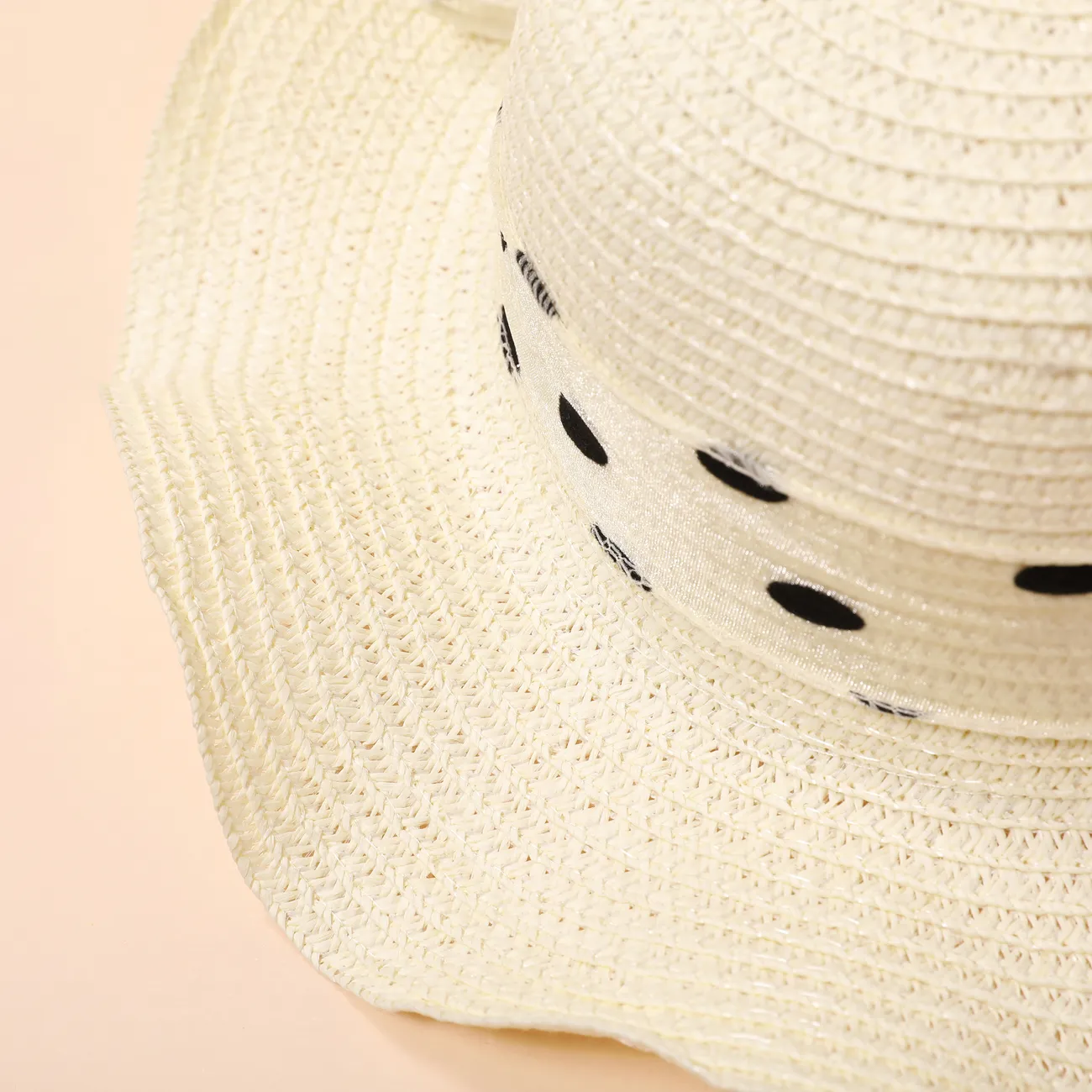 Chapéu de palha para meninas de verão com fita de bolinhas para praia e proteção solar, idades 2-5 Branco Cremoso big image 1