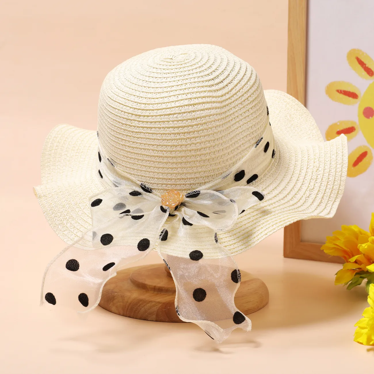 Bonnet de paille pour filles d’été avec ruban à pois pour la plage et la protection solaire, 2 à 5 ans Blanc Crémeux big image 1