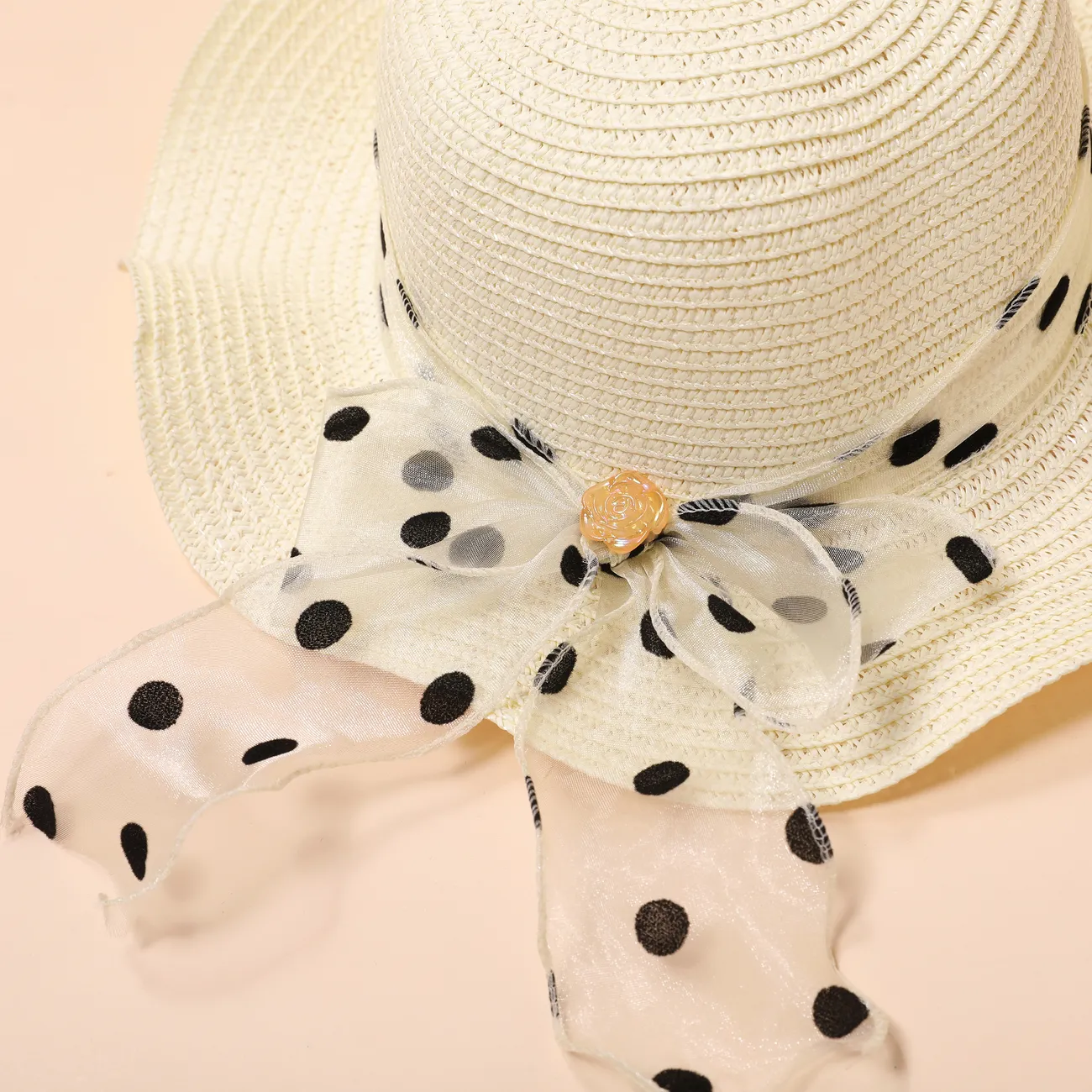 Summer Girls' Straw Hat with Polka Dot Ribbon for Beach and Sun Protection, Ages 2-5 Creamy White big image 1