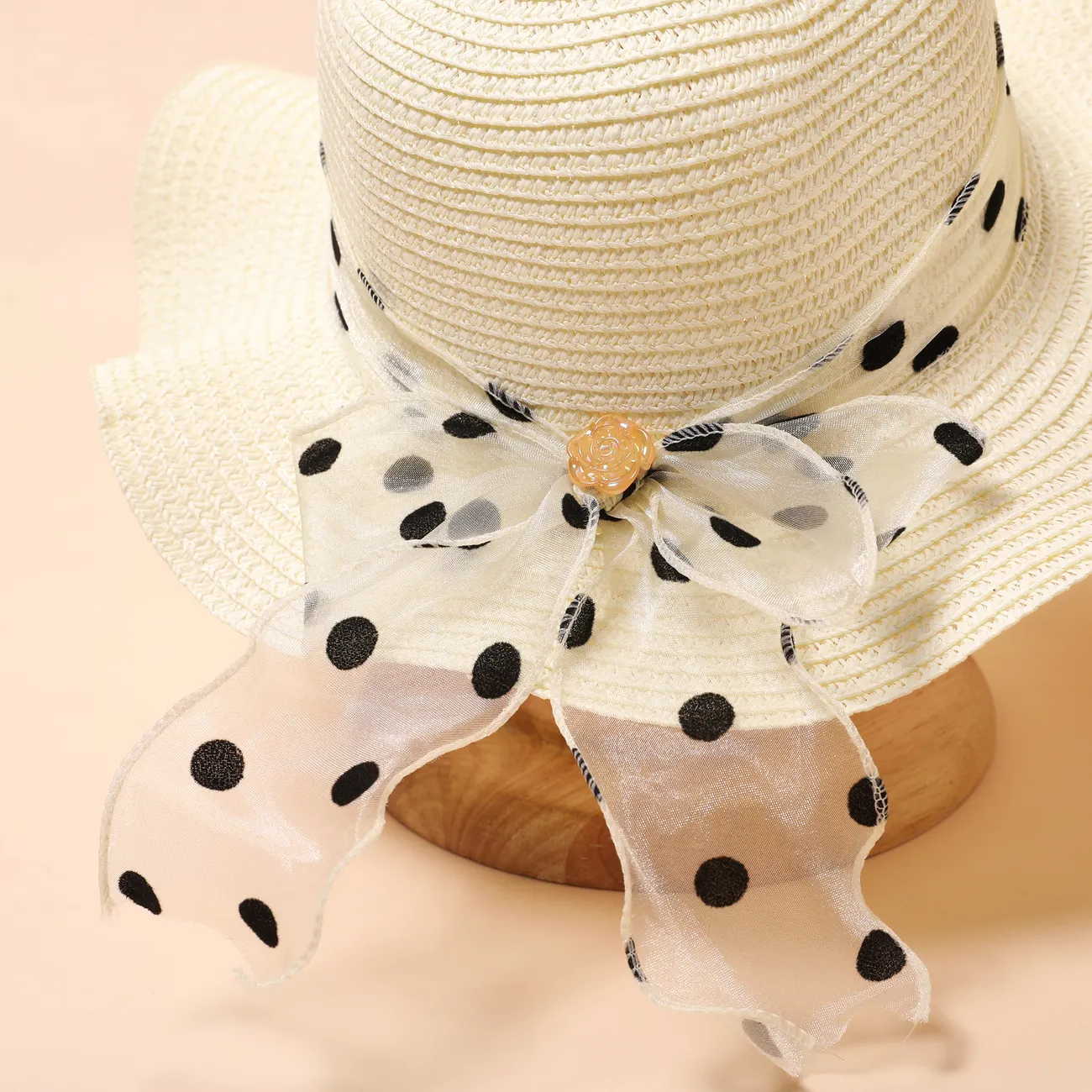 Summer Girls' Straw Hat with Polka Dot Ribbon for Beach and Sun Protection, Ages 2-5 Creamy White big image 1