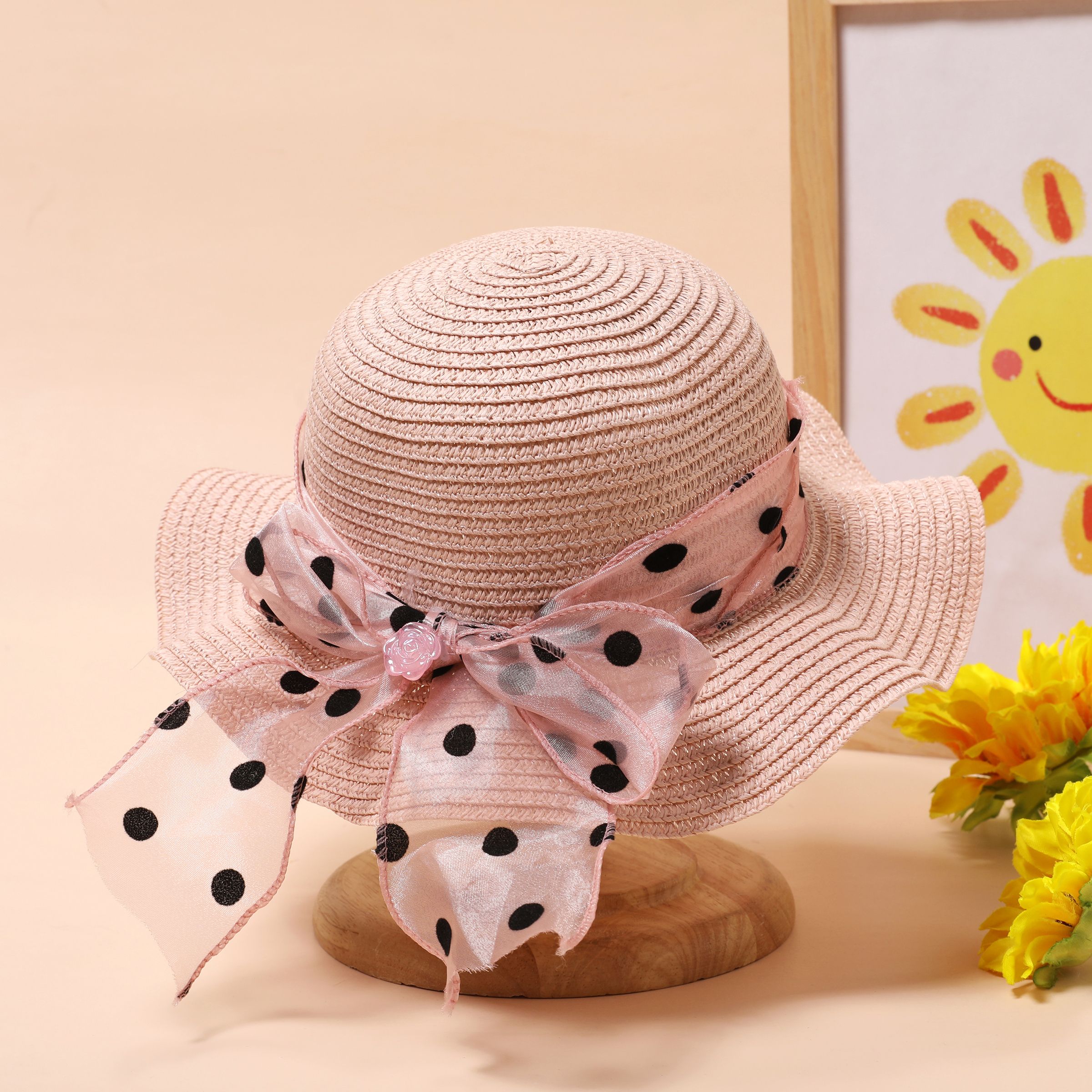 

Summer Girls' Straw Hat with Polka Dot Ribbon for Beach and Sun Protection, Ages 2-5
