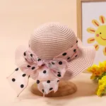 Summer Girls' Straw Hat with Polka Dot Ribbon for Beach and Sun Protection, Ages 2-5 Pink
