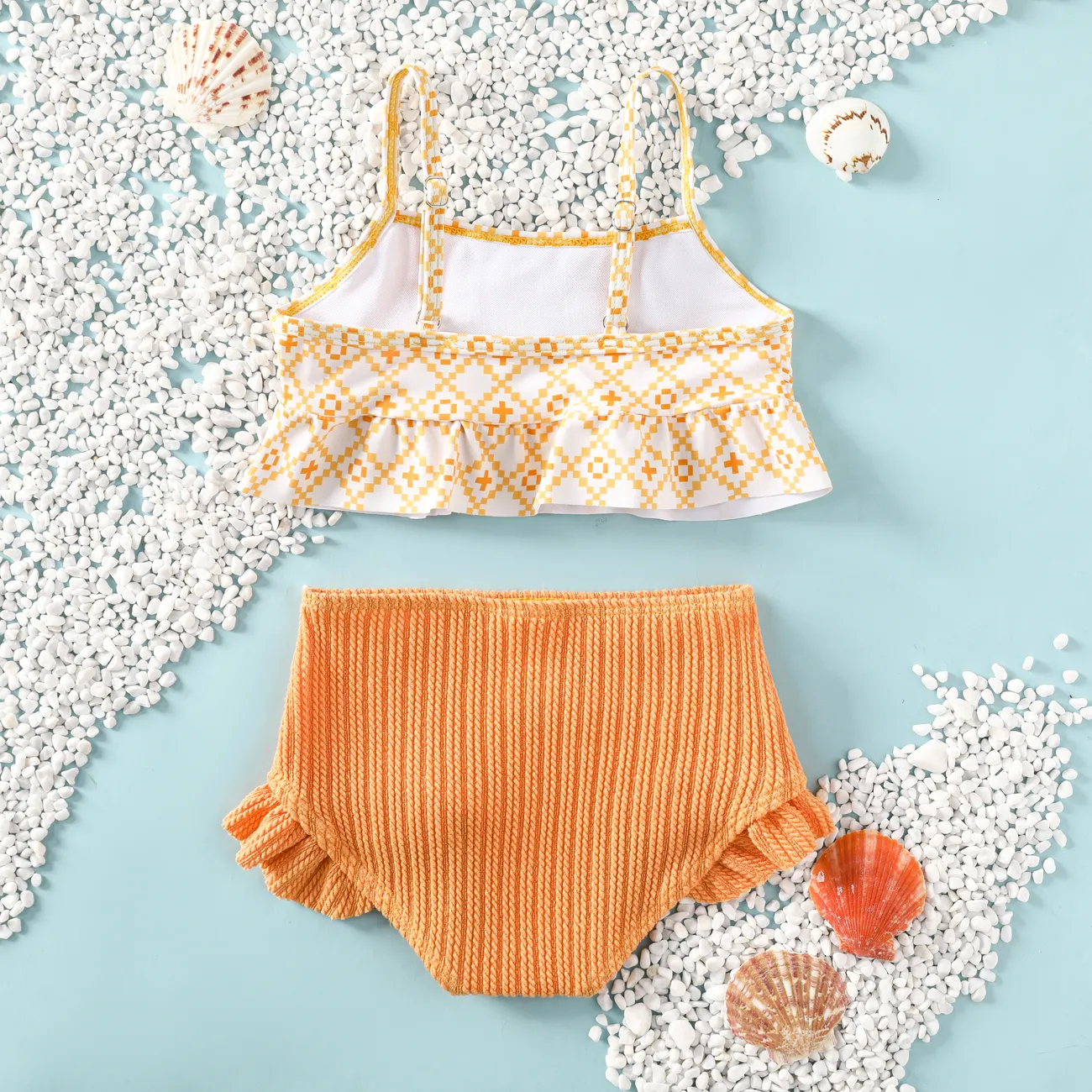 Toddler Girl Sweet Geometric Pattern Swimsuit Set with Ruffle Edge Orange big image 1