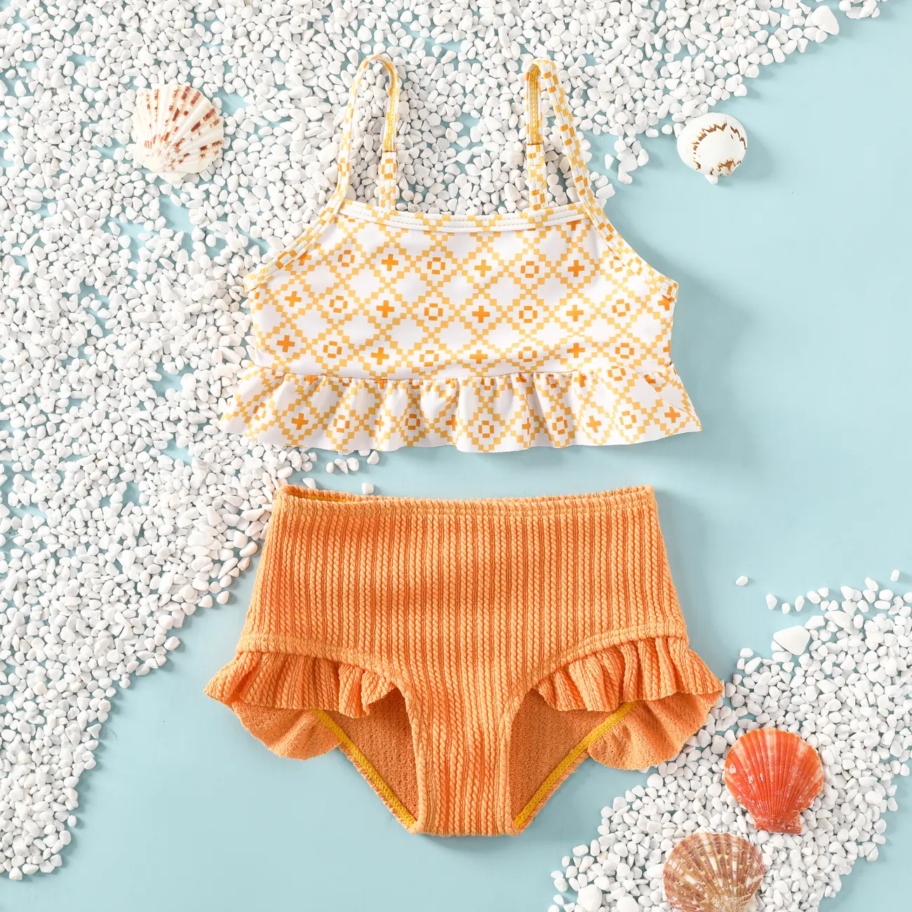 Toddler Girl Sweet Geometric Pattern Swimsuit Set with Ruffle Edge Orange big image 1