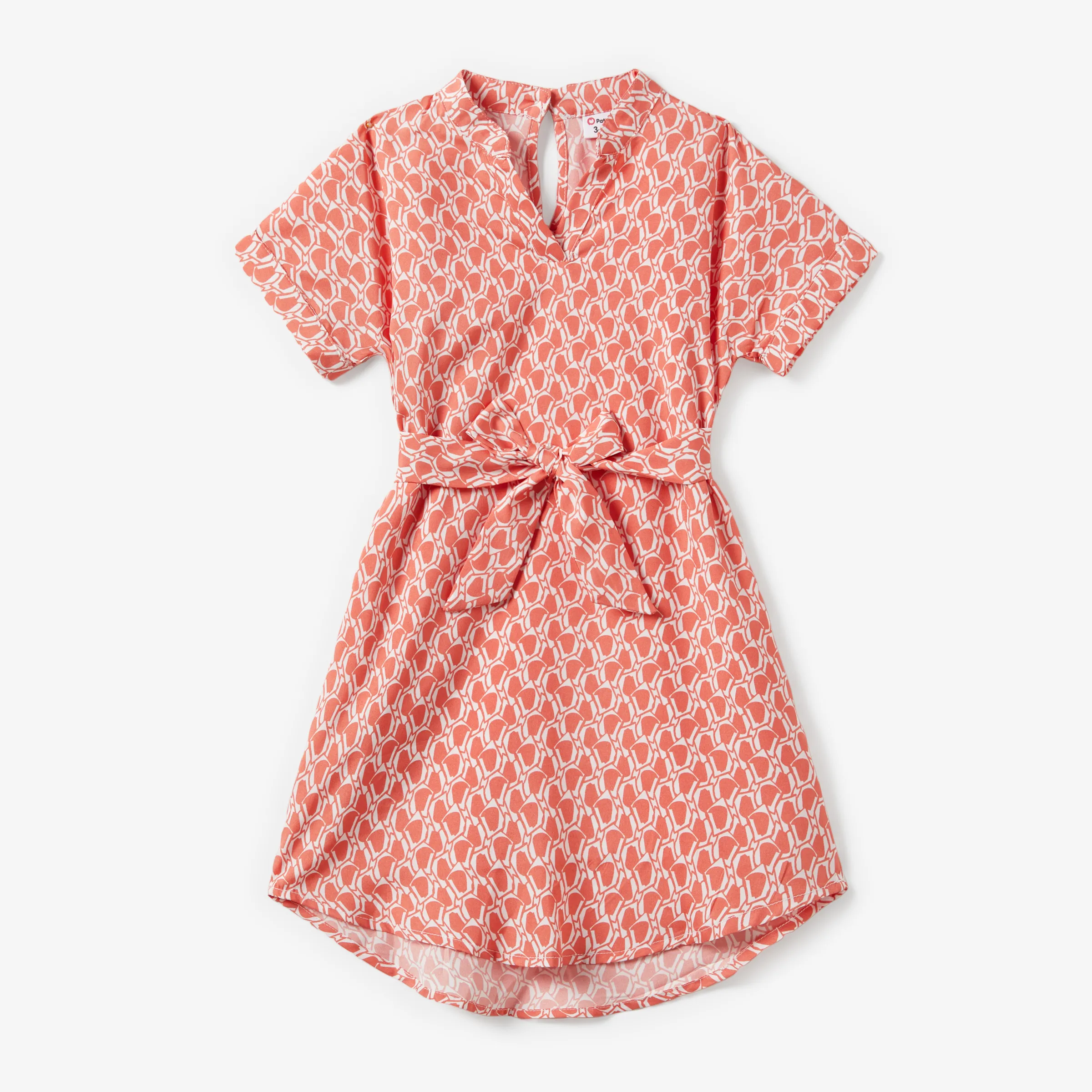 Mommy and Me Geometric Pattern V Neck Short-Sleeve Belted Dresses