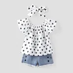 3pcs Toddler Girl Heart Print Off Shoulder Blouse and Denim Shorts & Headband Set White