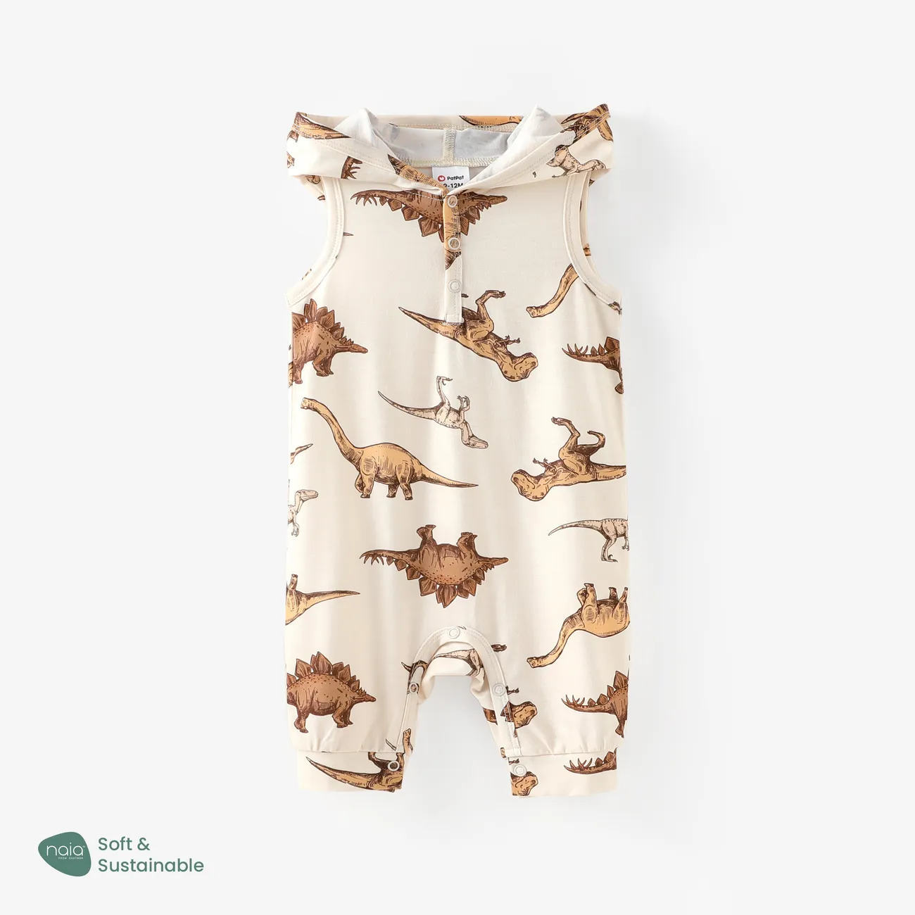 Baby Boy Childlike Dinosaur Print Hooded Pajama Romper Apricot big image 1