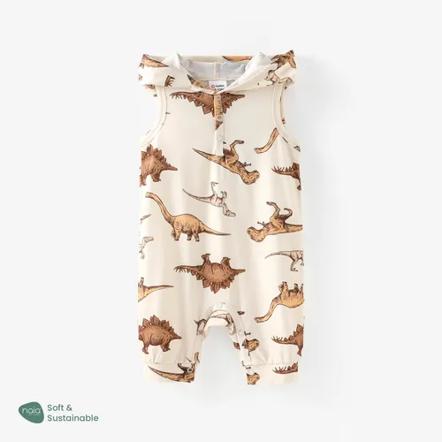 Baby Boy Childlike Dinosaur Print Hooded Pajama Romper