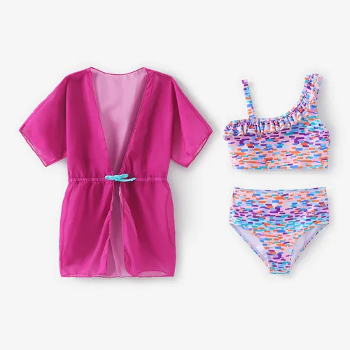 Kid Girl 3pcs Solid Smock and Polka Dots Print Ruffled Top and Shorts Swimsuits Set