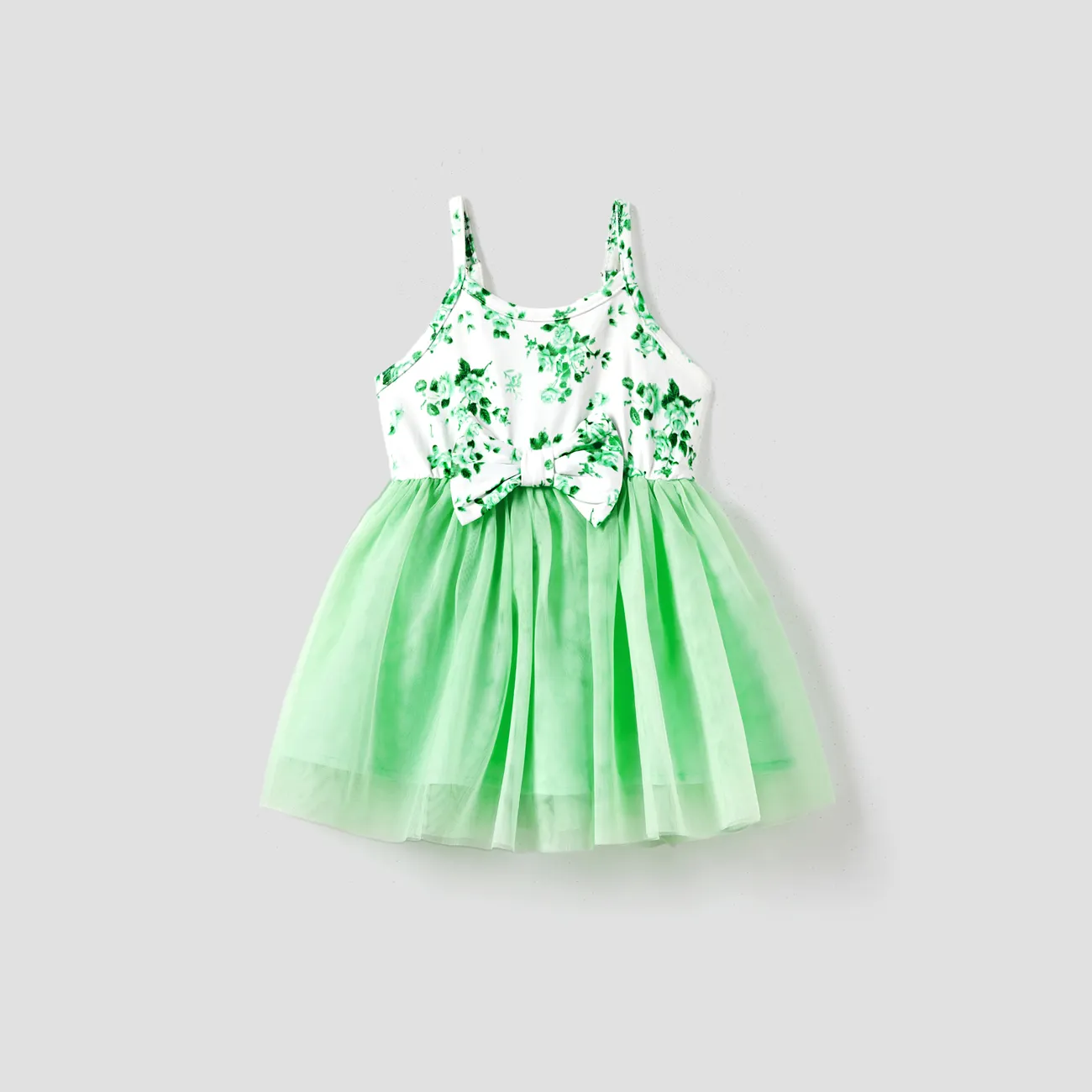 Mommy and Me Green Floral Ruched Bodycon Strap Dress or Spliced Mesh Strap Dress Aqua big image 1