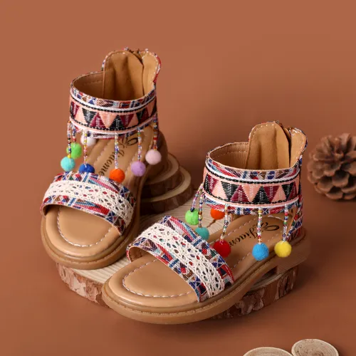 Enfant en bas âge/enfants fille géométrique Bohème tricoté pompon fermeture éclair sandales