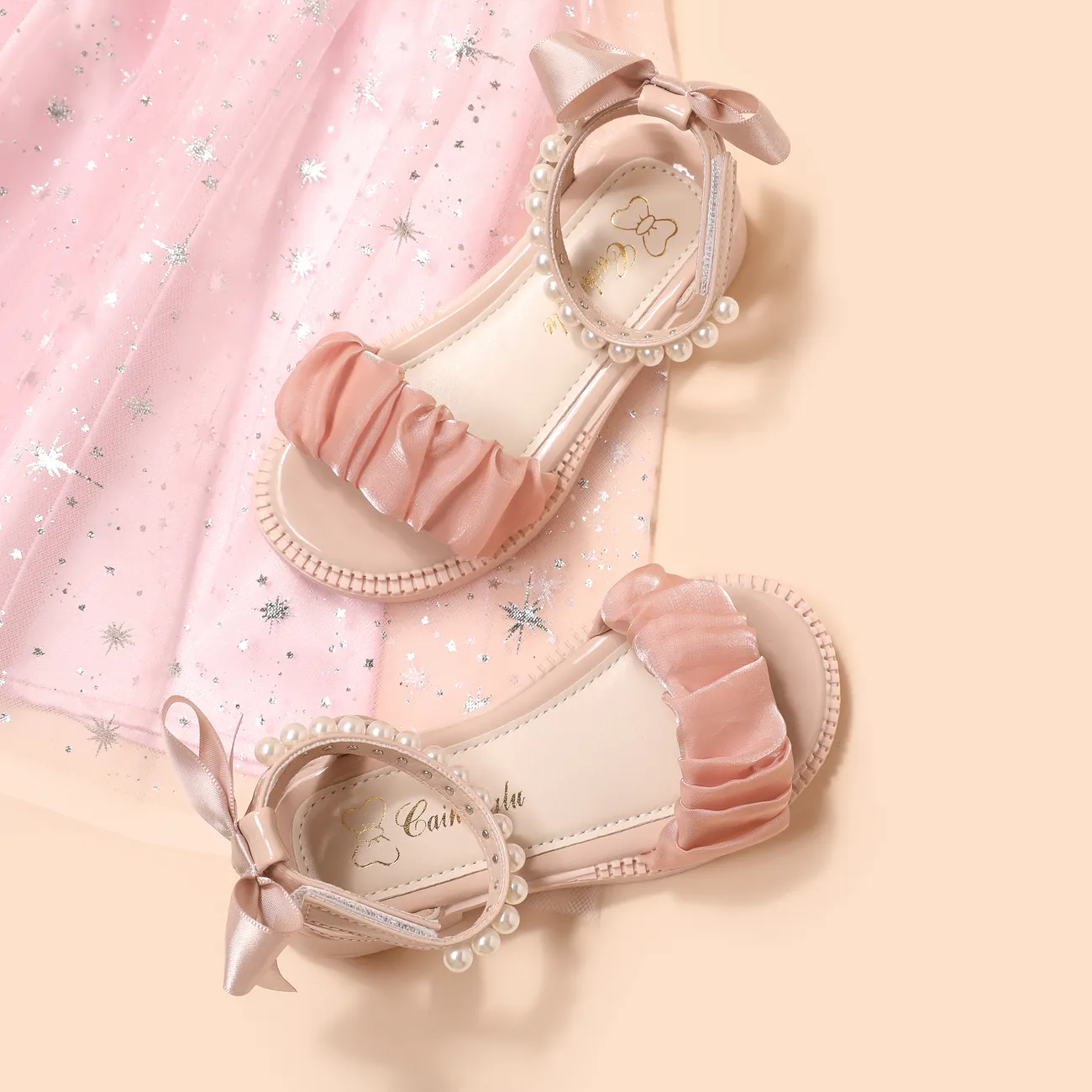 Kids Girl Sweet Style Velcro Closure Pearl Bowknot Decor Open Toe Sandal  Pink big image 1