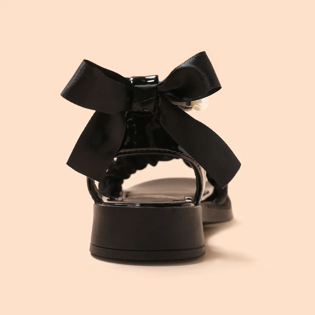 Kids Girl Sweet Style Velcro Closure Pearl Bowknot Decor Open Toe Sandal  Black big image 1