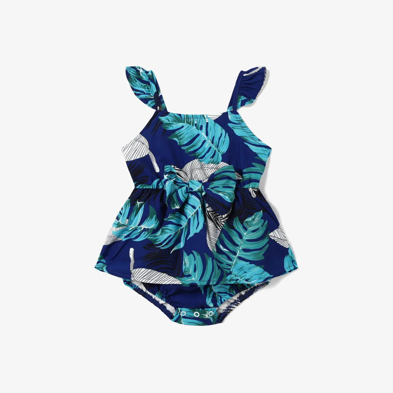 Family Matching Feather and Leaf Pattern Wrap Strap Dress and Beach Shirt Sets Blue- big image 1