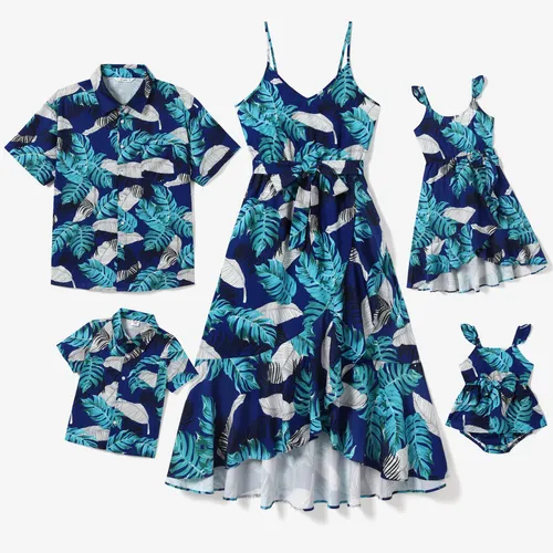Família combinando pena e folha Wrap Pattern Wrap Strap Dress e conjuntos de camisas de praia