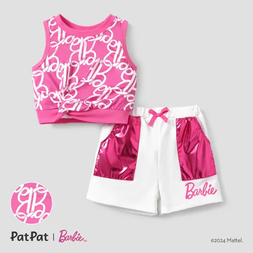 Barbie 2pcs Niño Pequeño / Niños Niñas Cintura torcida / recortada Camiseta sin mangas con conjunto de pantalones cortos de bolsillo
