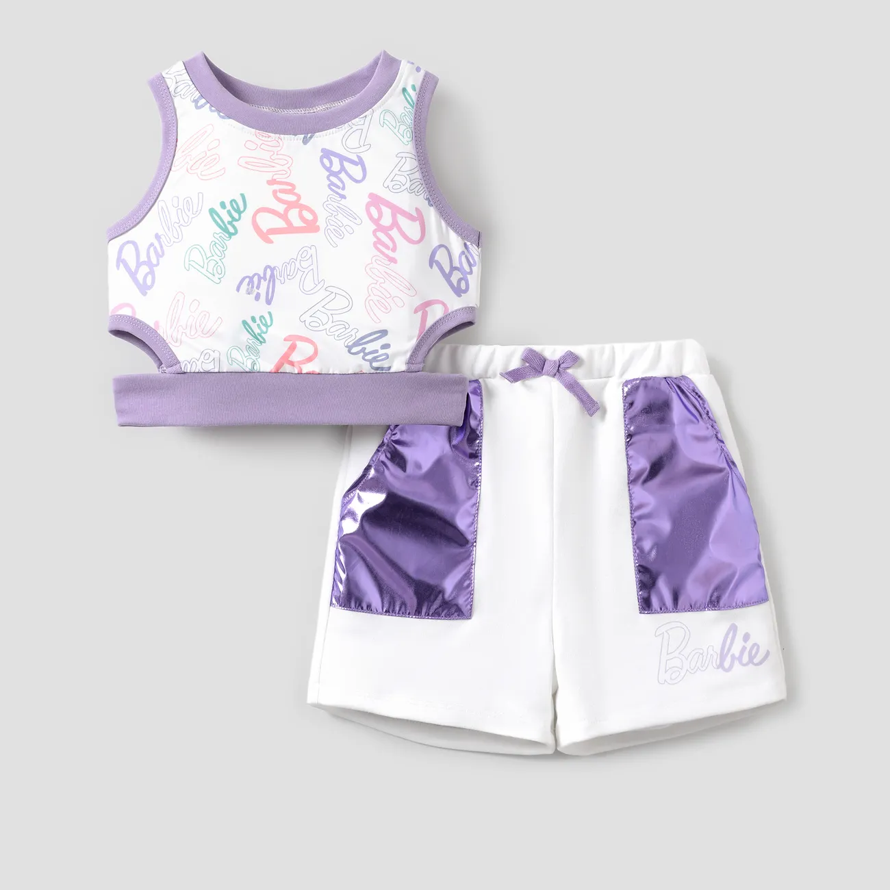 Barbie 2pcs Toddler/Kids Girls Waist-twist/cutout Tank Top with Pocket Shorts Set
 Purple big image 1
