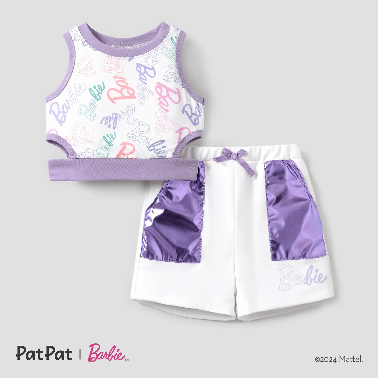 Barbie 2pcs Toddler/Kids Girls Waist-twist/cutout Tank Top with Pocket Shorts Set
 Purple big image 1