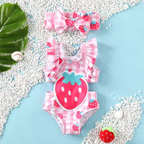 مجموعة ملابس السباحة كشكش الفراولة الطفولية للفتيات الرضع