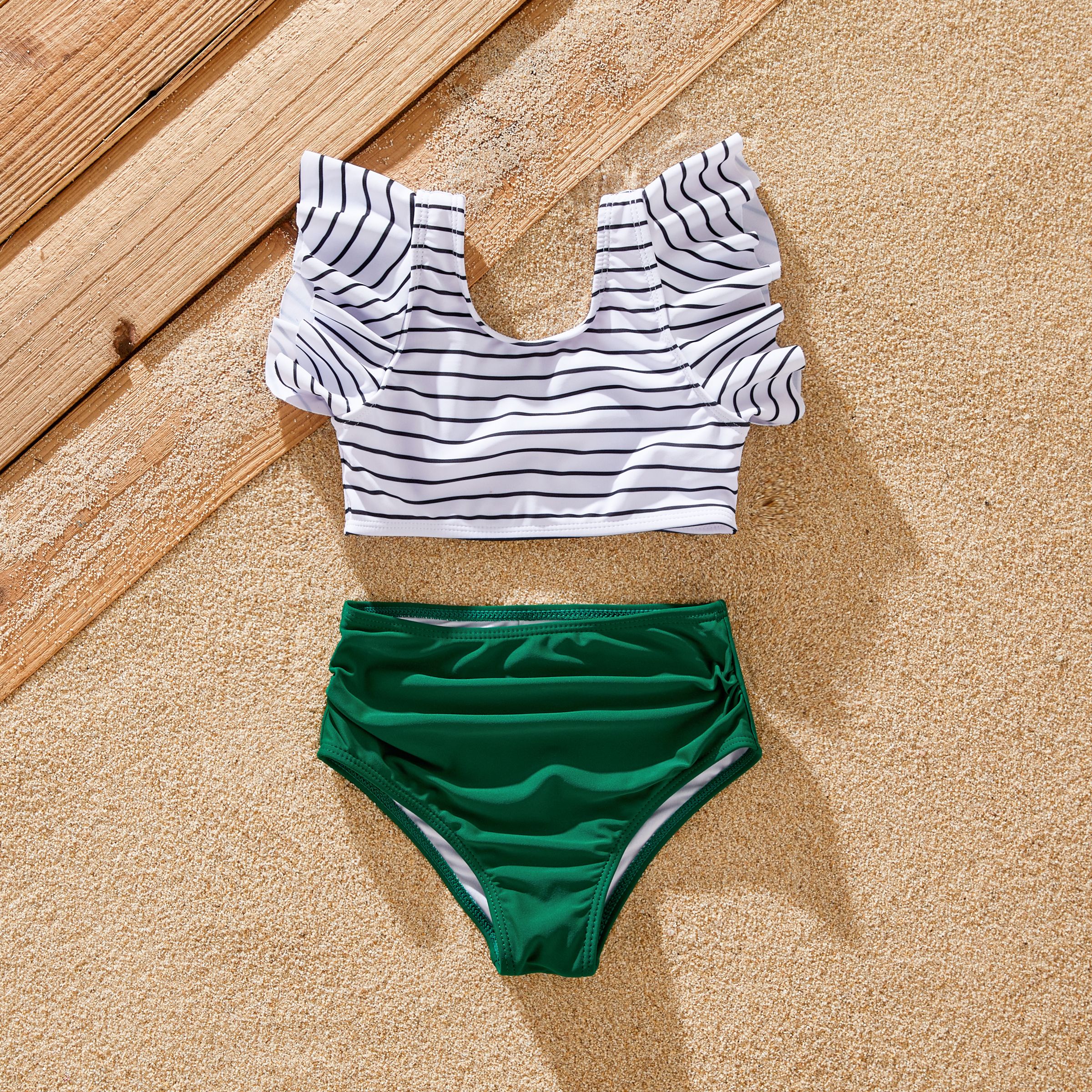 Family Matching Color Block Drawstring Swim Trunks or Stripe Cross Front Two-Piece Swimsuit (Quick-D