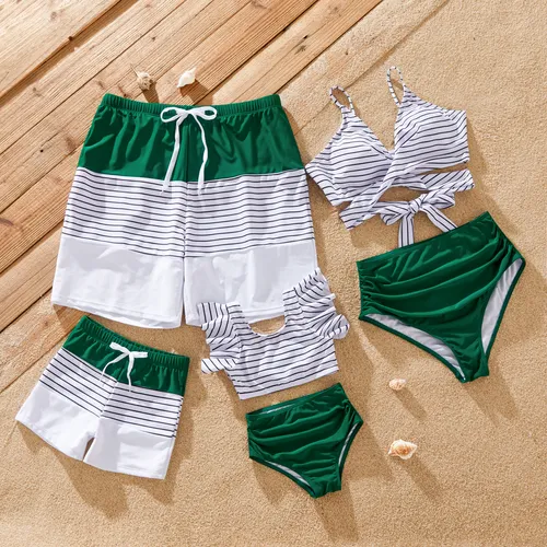 Family Matching Color Block Drawstring Swim Trunks or Stripe Cross Front Two-Piece Swimsuit (Quick-Dry)