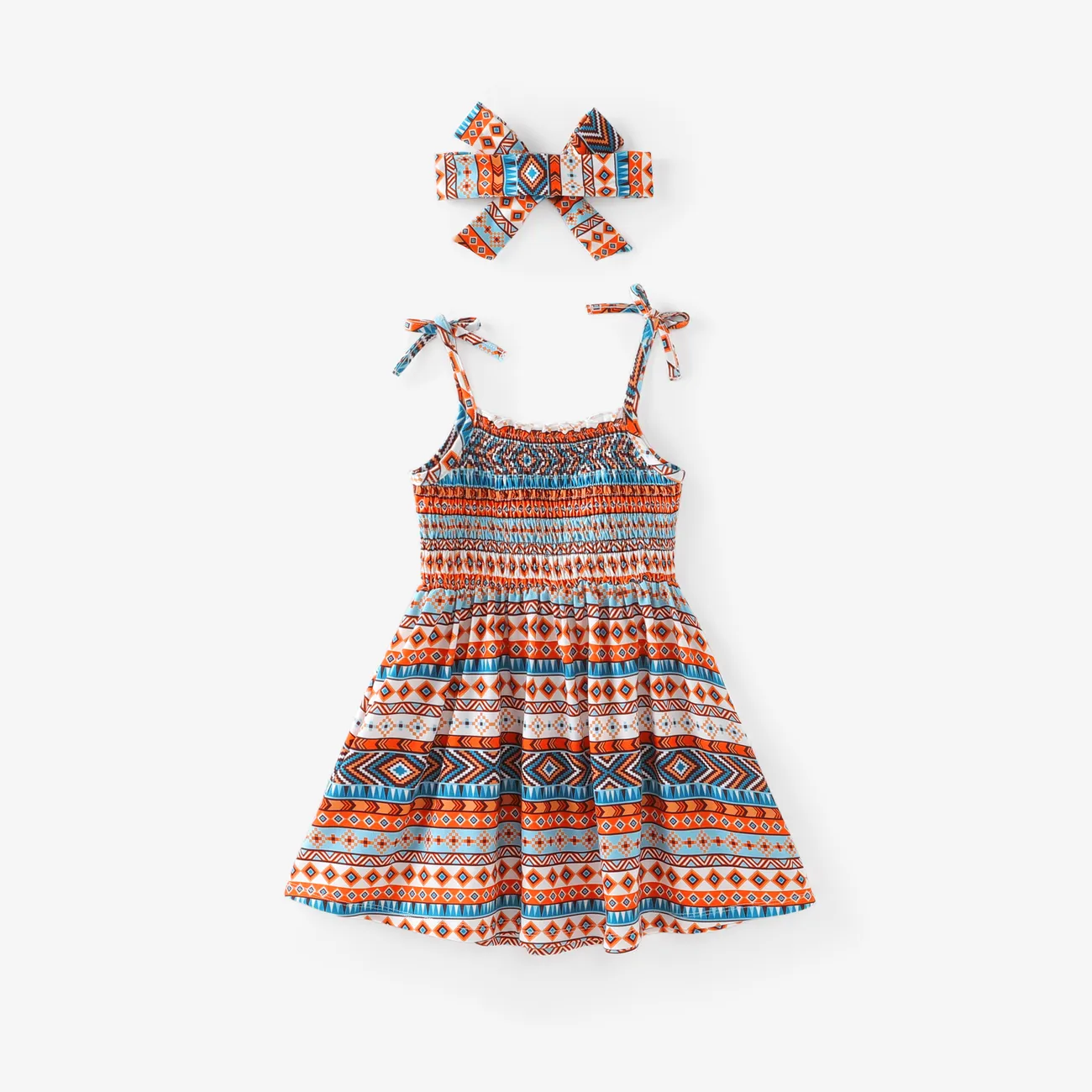 Toddler Girl 2pcs Ethnic Geometric Print Smocked Cami Dress with Headband Multicolour-1 big image 1