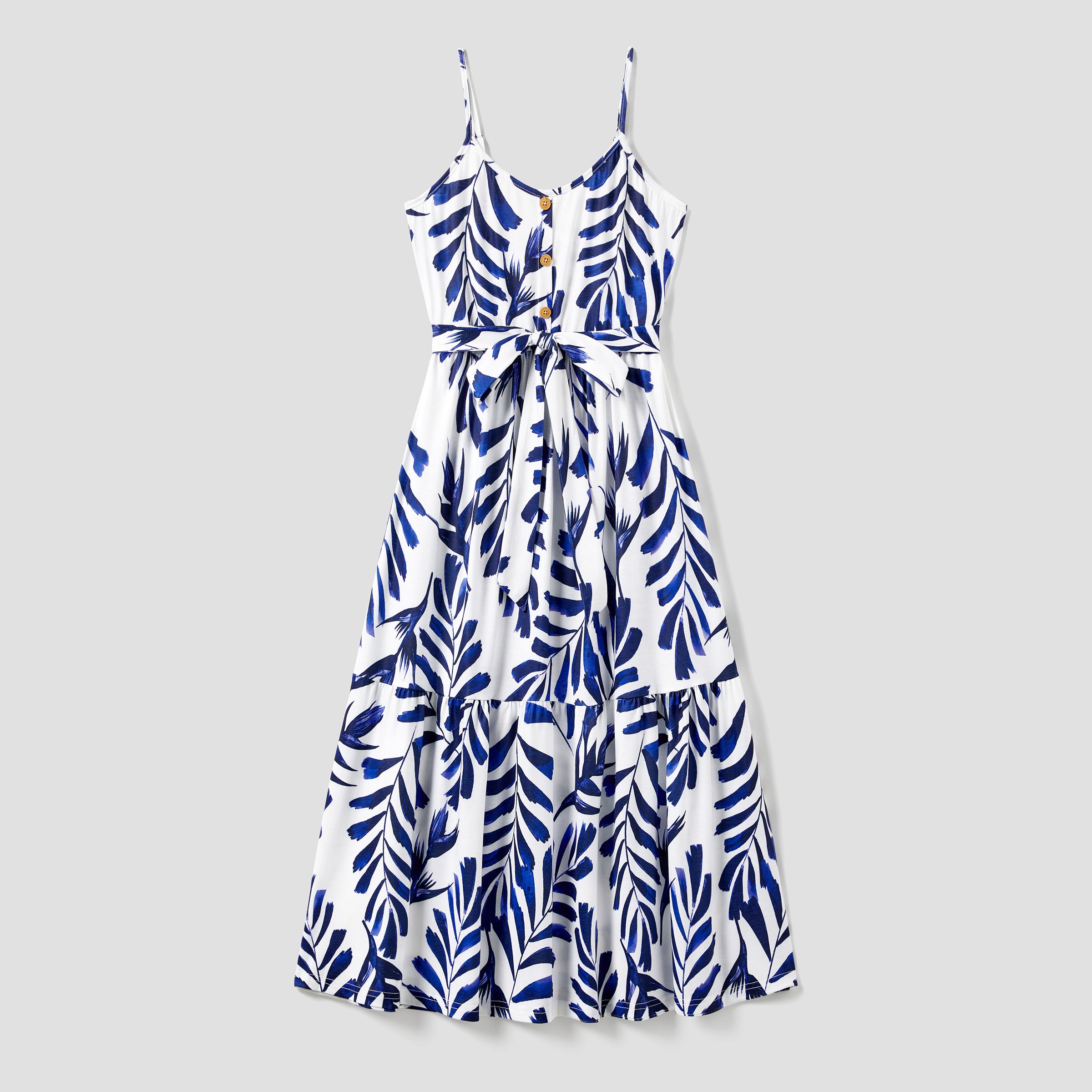 Family Matching Modern Blue and White Botanical Leaf Design Button Strap Dress and Color Block Tee S