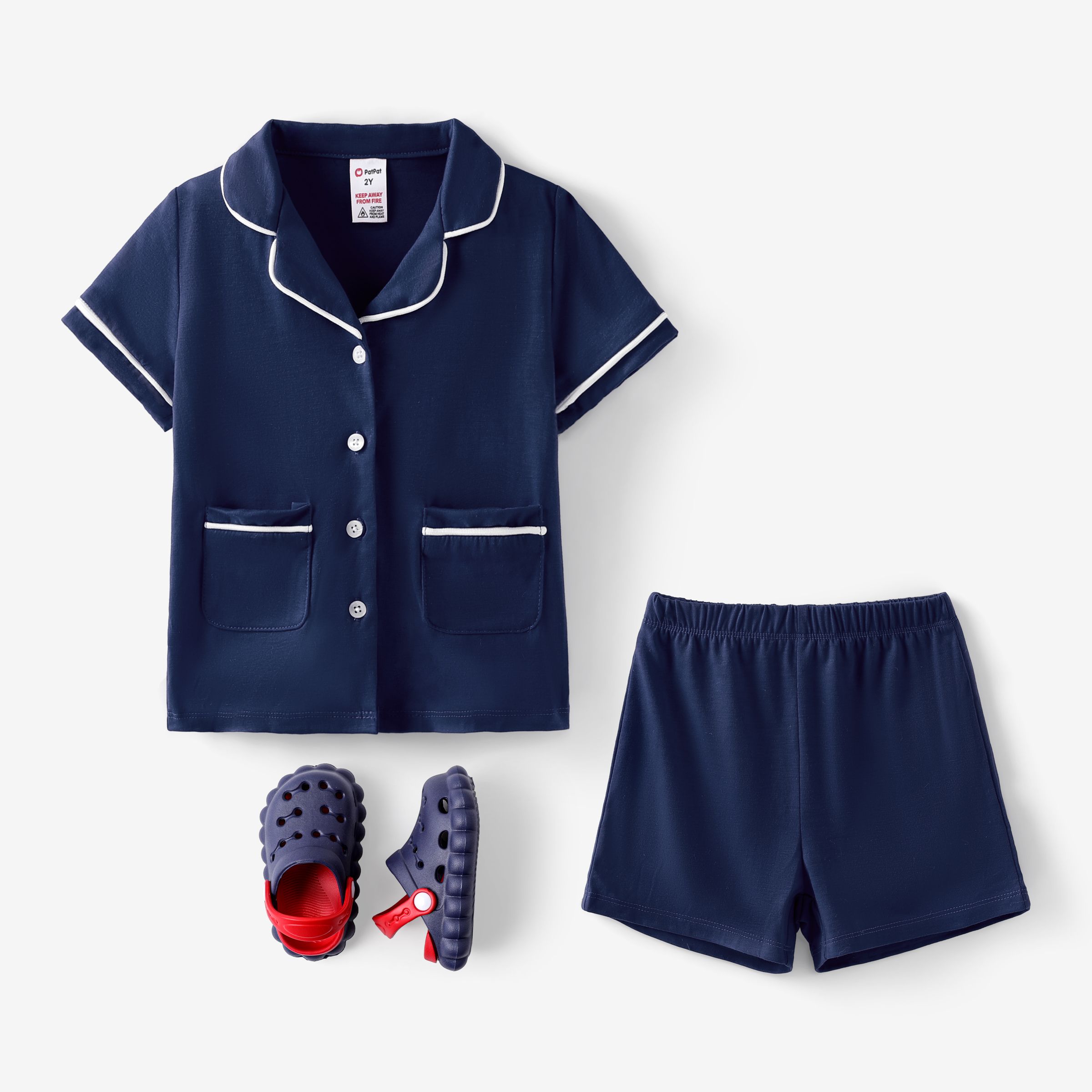 

Toddler/Kid Boy/Girl 2pcs Solid Color Lapel Pajamas Set/ Hollow Out Vented Clogs