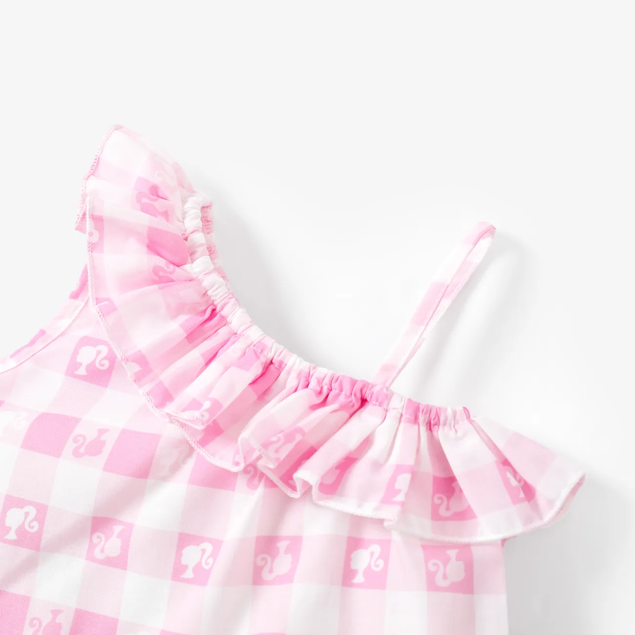 Barbie 2pcs Toddler/Kids Girls One-shoulder Checkered/Plaid Tank Top with Denim Shorts Set
 Pink big image 1