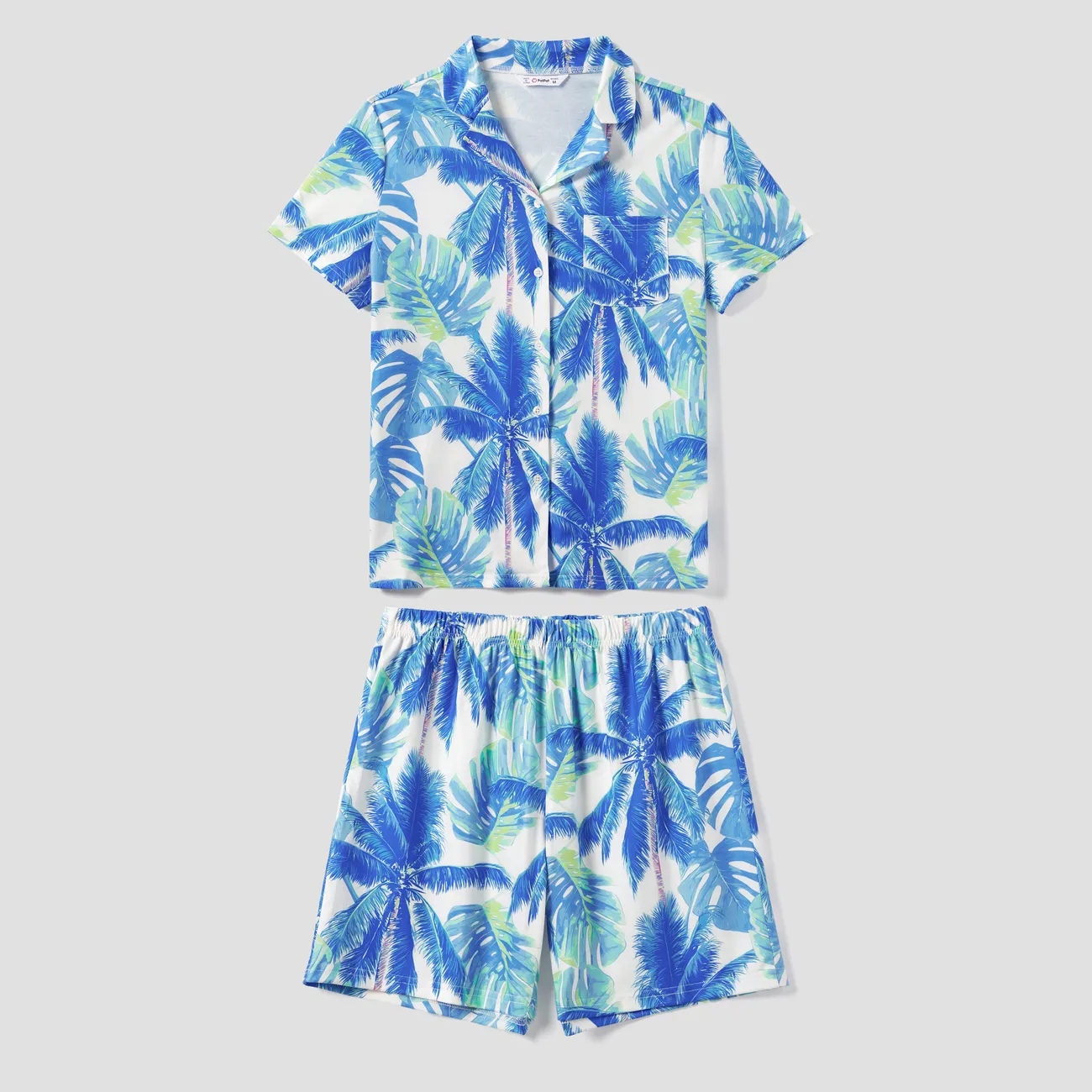 全家裝 熱帶植物花卉 短袖 親子裝 睡衣 (Flame Resistant) 藍白色 big image 1
