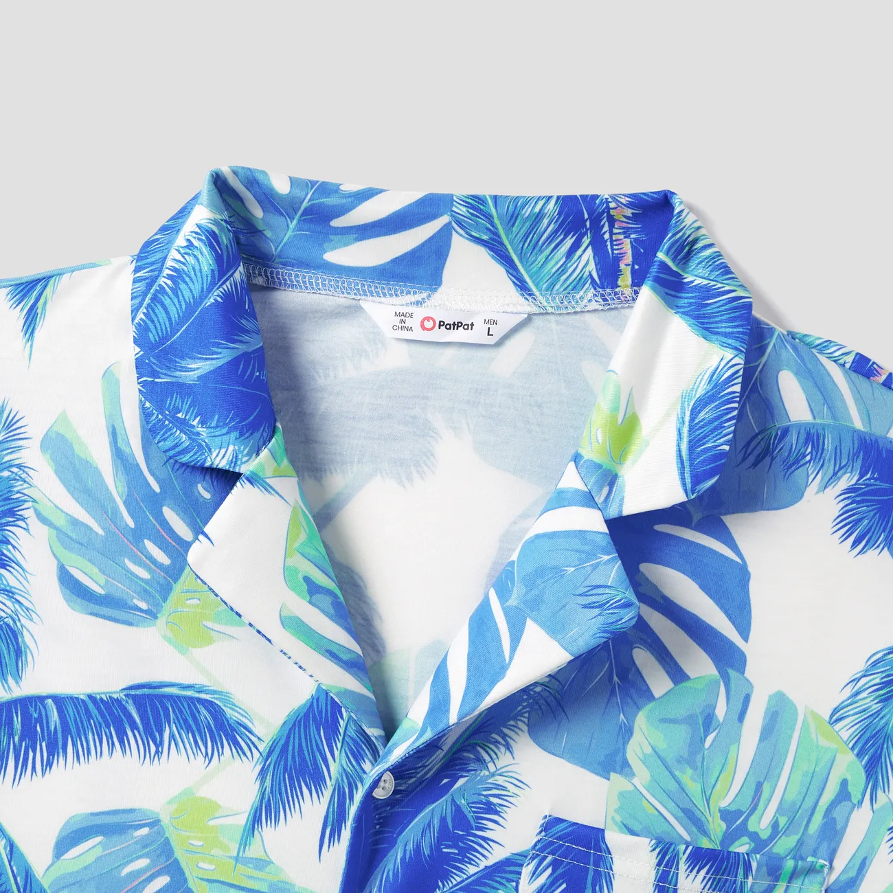 Family Matching Tropical Leaf Pattern Button Vacation Pajamas (Flame Resistant) BLUEWHITE big image 1