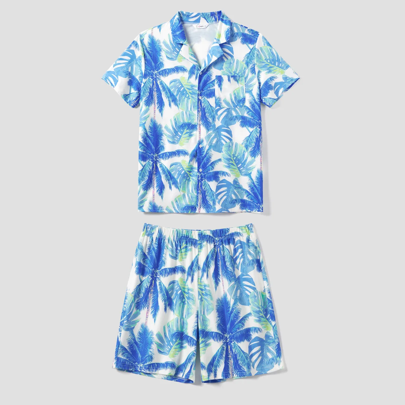 全家裝 熱帶植物花卉 短袖 親子裝 睡衣 (Flame Resistant) 藍白色 big image 1